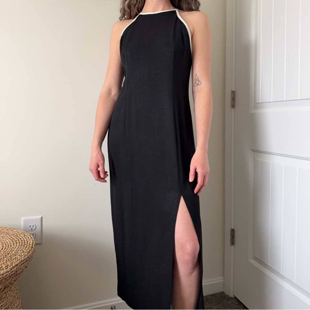 Vintage Black Midi Dress with White Trim